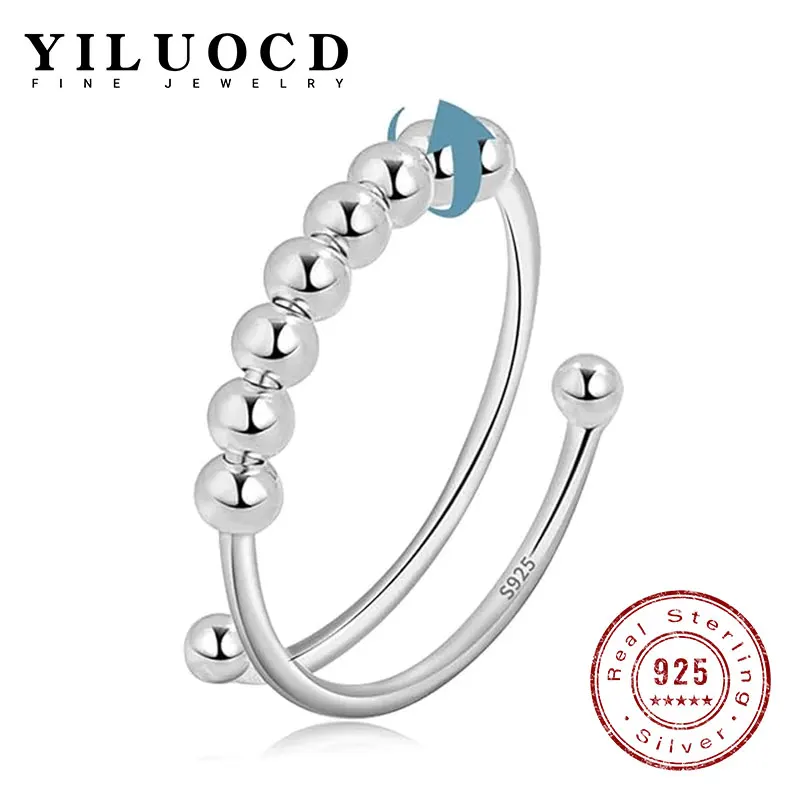 Image of 925 Sterling Silver Stress Relief Fidget Spinner Ring with Rotating Beads – Adjustable Anxiety-Reducing Jewelry for Men and Women