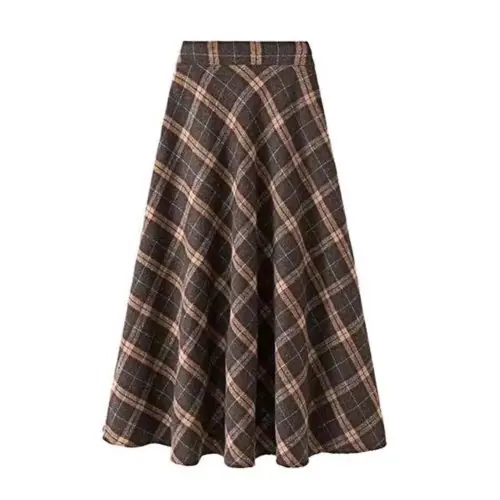 Image de Jupe Midi Plaid Élastiquée Taille Haute - Style Coréen Décontracté