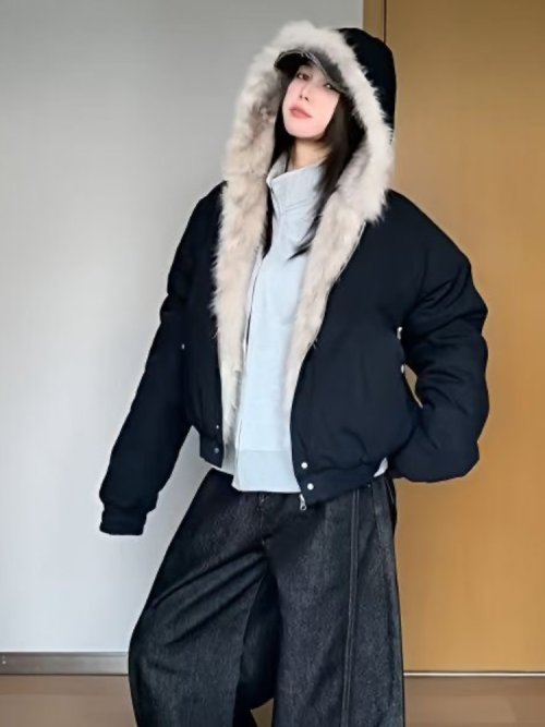 Imagen de Otoño nuevo abrigo suelto de piel con forro elegante para mujer Y2k cuello de piel capucha gruesa Parkas de moda prendas de vestir exteriores informales chaquetas acolchadas de algodón