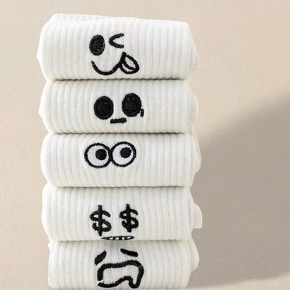Bild von 5er, 10er und 20er Pack weiße Cartoon-Socken für Herren und Damen – Trendige, vielseitige und ausdrucksstarke Mädchensocken aus weichem, atmungsaktivem Material für bequemen Alltag