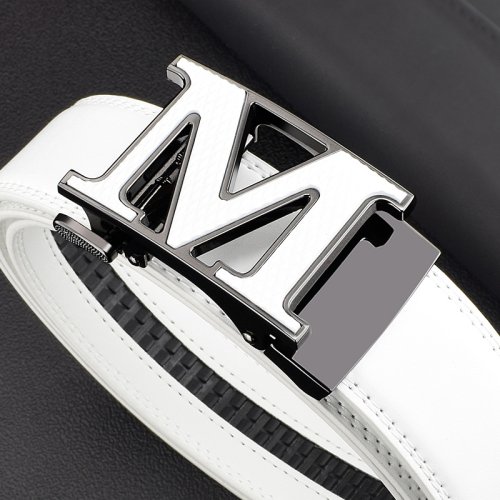 Image of Premium White Men's Designer Belt with Automatic Buckle - Luxury Cowskin Leather Waist Strap for Casual and Formal Wear
