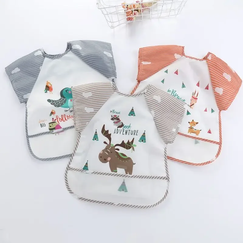 Imagen de Ropa para eructar para niños y niñas de 0 a 3 años, bata impermeable para comer, delantal artístico sin mangas con dibujos animados para bebés, bata de Animal, babero suave para bebé