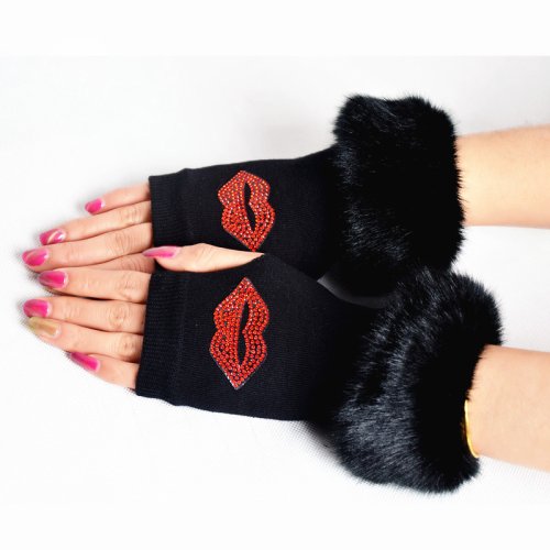 Imagen de Guantes de baile sin dedos para mujer, de dibujos animados, animales, zorro, felpa corta cálida, diamantes, lentejuelas, Calavera, punto, G102