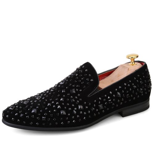 Immagine di Scarpe eleganti da uomo Mocassini neri a punta di lusso Scarpe con paillettes in metallo denim Scarp...