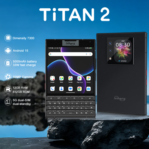 Imagen de Unihertz Titan 2 Smartphone 5G con Android 15, Teclado Físico, Pantalla Dual, 12GB RAM y 512GB de Almacenamiento, Procesador Dimensity 7300, Cámara Dual de 50MP y Doble SIM