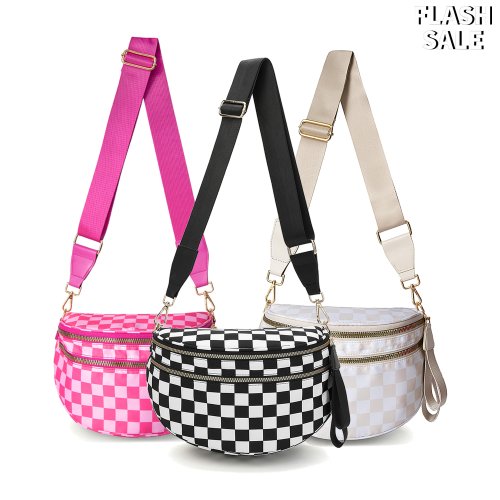 Image of Stylish Black and White Checkered Crossbody Bum Bag for Women – Spacious Nylon Travel & Mommy Diaper Bag with Adjustable Strap