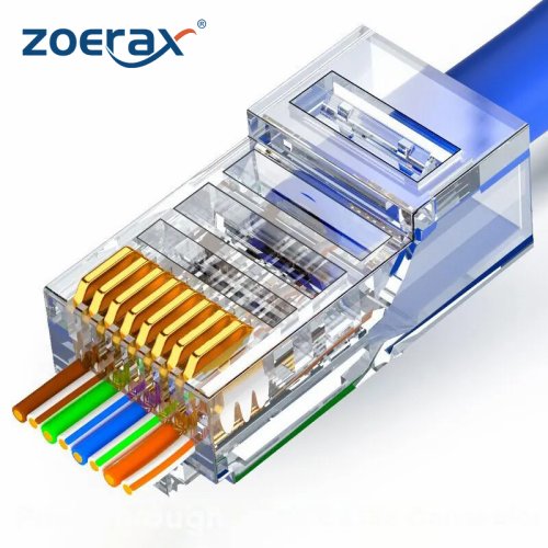 Immagine di Connettori RJ45 Passanti Zoerax 50/100 Pz, Cat6/Cat5e, 23AWG, Placcati in Oro, 8P8C, Spine Modulari per Cavi di Rete