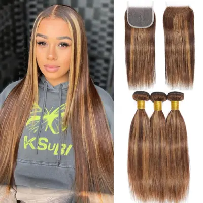 Image de Cheveux Bruts Vierges Birmans 12A avec Closure Blond Miel