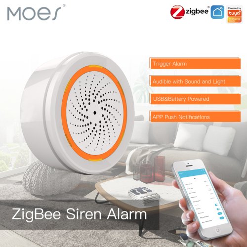 Zdjęcie Inteligentna Syrena Dźwiękowa i Świetlna MOES Tuya Zigbee 90dB – System Alarmowy do Domu z Obsługą Alexa i Smart Life