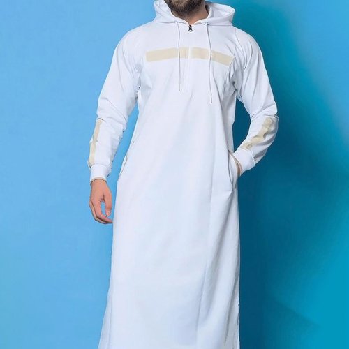 Image of Men's Islamic Arabic Long Sleeve Hooded Robe – Loose Fit Striped Full-Length Kaftan with Drawstring and Pockets