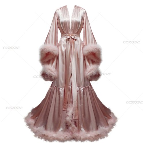 Afbeelding van Elegante Zijden Bruidsjurk met Flare Mouwen en Veer Detail - Lange Illusie Nachtkleding voor Bruiloft, Fotografie en Lounge