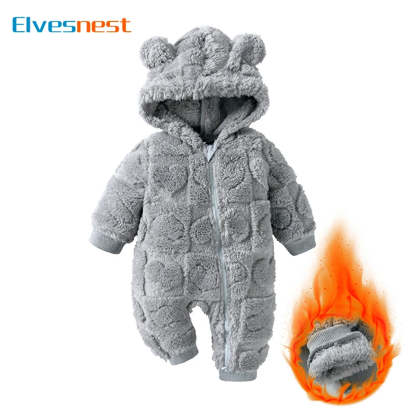 Imagen de Pelele de invierno para bebé con capucha y estampado de dibujos animados en terciopelo ártico, manga larga, para niños y niñas de 0 a 18 meses