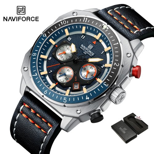 Bild von NAVIFORCE Sport-Multifunktions-wasserdichte Uhren für Herren, modisches Leder, Luxusmarke, Quarz, analog, leuchtend, quadratisch, Armbanduhr