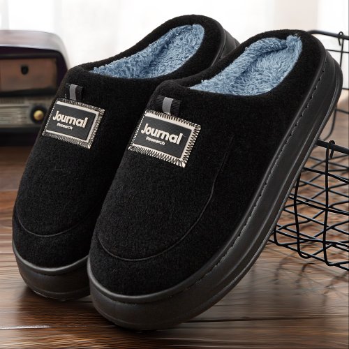 Image of Cozy Men's Warm Felt Slippers with EVA Memory Foam Platform and Soft Stripe Design for Ultimate Comfort at Home
