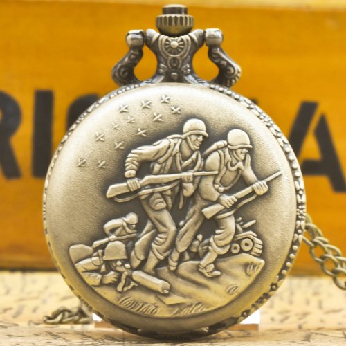 Imagen de Reloj de bolsillo conmemorativo de la serie de collar de cuarzo con tapa abatible de soldado Steampunk de bronce Retro para estudiantes masculinos y femeninos