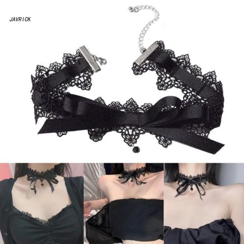 Image of Elegant Black Lace Bowknot Choker Necklace – Gothic Vintage Collar with Short Chain – Fashion Statement Jewelry for Women