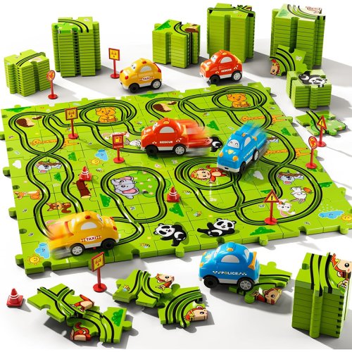Imagen de Juego de vagones de pista de carreras con rompecabezas para niños pequeños, juguetes para niños pequeños, regalos para niños y niñas de 3, 4 y 5 años, juguetes de vagones con pistas de rompecabezas
