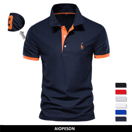 Image of Men's Slim Fit Cotton Polo Shirt with Embroidery - Casual Solid Color Summer Fashion Top
