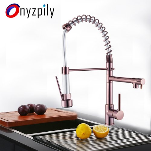 Zdjęcie Chrome wiosna kuchnia kran Pull Down podwójny bicze wodne 360 obrotowy ręczny prysznic mikser kuchenny żuraw ciepłej zimnej 2 Outlet wiosna krany