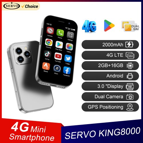 Immagine di Smartphone Servo King8000 Mini 4G con Android 10.0, 2 GB RAM, 16 GB di Memoria Interna, Schermo da 3 Pollici, Fotocamera da 5 MP, Doppia SIM e Accesso a Play Store e WhatsApp