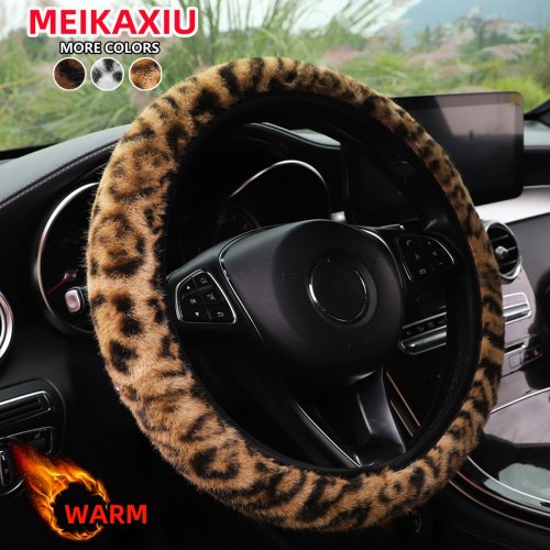 Imagen de Simulación de estampado de leopardo, felpa de invierno sin anillo interior de coche sin anillo interior, cubierta para volante, suministros interiores de vapor