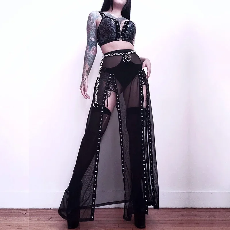 Zdjęcie Czarna Spódnica Gothic z Siatką, Rozcięcie Po Boku i Sznurowaniem – Styl Punk, Gotycki, Letni, Cienki Materiał