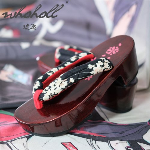 Image of Elegant Japanese Sakura Print Wooden Wedge Sandals for Women – Red Bottom Cosplay Slippers with Traditional Clog Design