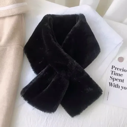 Image of Plush Cross Scarf Faux Rabbit Fur Thickened Soft Scarves Solid Color Autumn Winter Cold Resistant Women Neck Warmer Collar Scarf