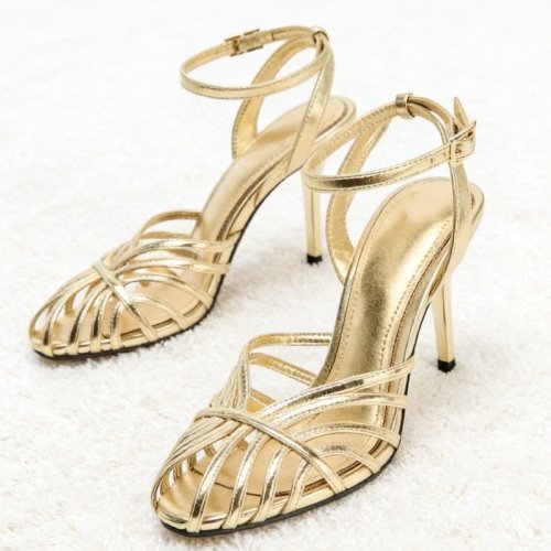 Imagen de Sandalias de tacón alto con banda estrecha y hueco dorado para mujer, calzado Sexy con hebilla y correa en el tobillo, zapato de diseñador de tacón fino, zapato elegante para vestido de cena