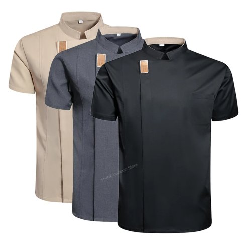 Image of Breathable Summer Chef Uniform Set for Men – Black Short Sleeve Jacket, Apron & Shorts for Restaurant Kitchen Workwear