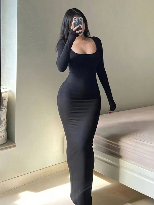 Vestido Ajustado Liso de Manga Larga para Mujer, Modelo Largo Elegante y Básico con Cuello Redondo, Ropa Minimalista e Informal
