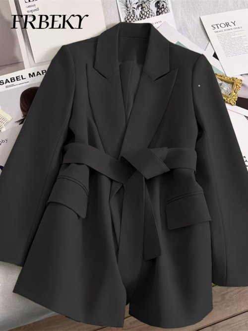 Image of Elegant Solid Color Blazer for Women – Spring Korean-Style Casual Suit Jacket with Tie Detail, Trendy and Temperament-Packed Design