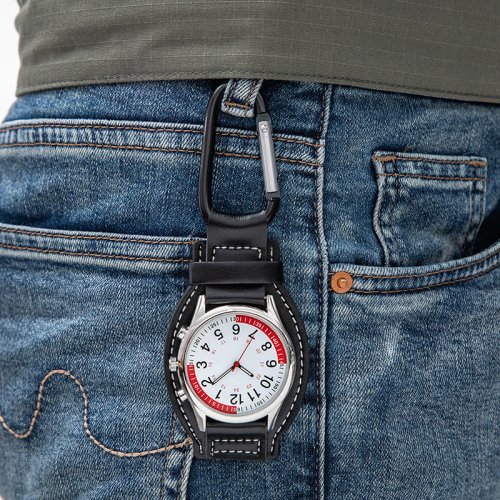 Imagen de Reloj Deportivo con Clip para Cinturón de Diseñador, Correa de Cuero y Mosquetón - Reloj de Bolsillo Ideal para Mochila, Escalada y Senderismo