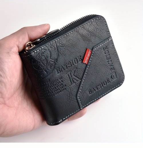 Portafoglio da Uomo in Pelle di Olio di Cera PU con Cerniera Intorno, Portamonete Corto e Porta Carte Elegante per Uomini Moderni