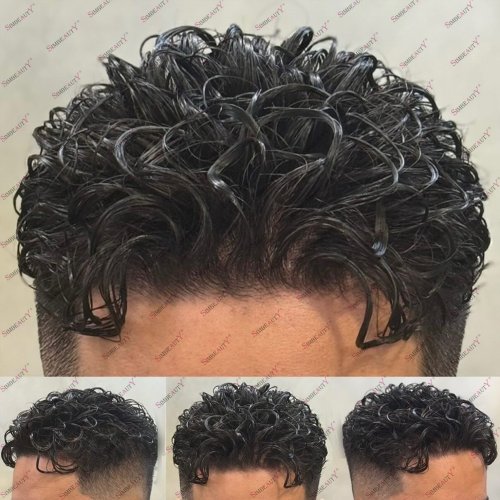 Immagine di Parrucca Uomo con Base in Pelle Naturale 26mm - Capelli Ricci Castano Scuro