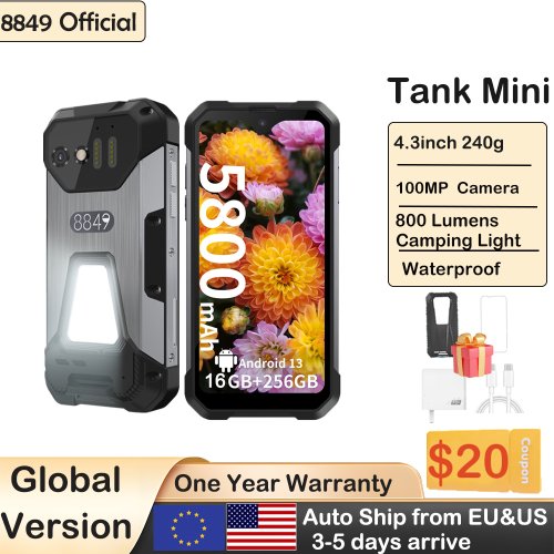 Image of Unihertz 8849 Tank Mini Rugged Smartphone with 4.3-inch Display, Android 13, Helio G99 Chipset, 24GB RAM, 256GB Storage, 100MP Camera, 5800mAh Battery, NFC, and Waterproof Design