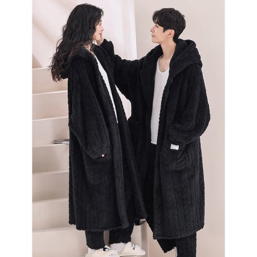 Zdjęcie Męski szlafrok z kapturem z polaru – ciepła, jednoczęściowa piżama z kieszeniami, idealna na zimę i codzienne noszenie w domu