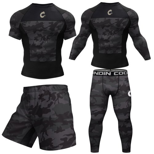 Afbeelding van Zwart Gi BJJ Jiu Jitsu T-Shirt, MMA Shorts Set, Boksen Rashguard en Compressie Workout Wear voor Mannen – Compleet Sportkledingpakket