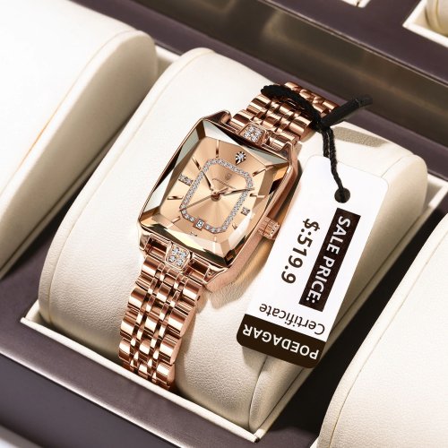 Immagine di Orologio da Polso Donna di Lusso Rettangolare Impermeabile con Data, Movimento al Quarzo in Acciaio Inossidabile e Dettagli in Diamante - Elegante Reloj da Donna con Scatola Regalo