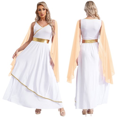 Imagen de Disfraces de diosas Toga griega antigua para mujer, fiesta de Halloween, cuello en V, sin mangas, ad...