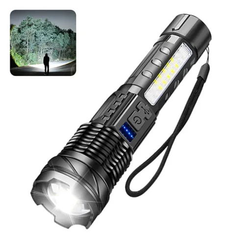 Imagen de Linterna LED recargable con zoom, LED lateral COB, 7 modos, resistente al agua, luz de mano de alta ...