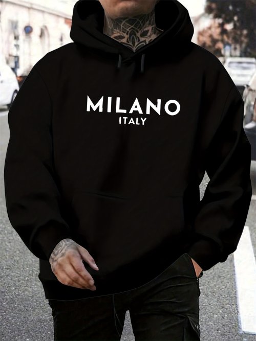 Afbeelding van Herensweater Herfst-Winter: Losse Hoodie met Letterpatroon, Warme Sweatshirt met Lange Mouwen uit Milano, Italië