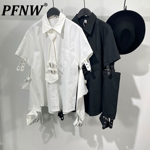 Bild von PFNW Darkwear Herren Langarmshirt – Trendige, Lose Arbeitskleidung mit Krawatten-Dekoration, Schwarz, Funktionelles Top für Frühling