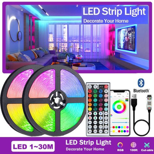 Imagen de Tira de luces Led con USB para decoración del hogar, cinta Flexible de Diodo con Control remoto por aplicación, para pared de habitación, 5050 RGB, 5V