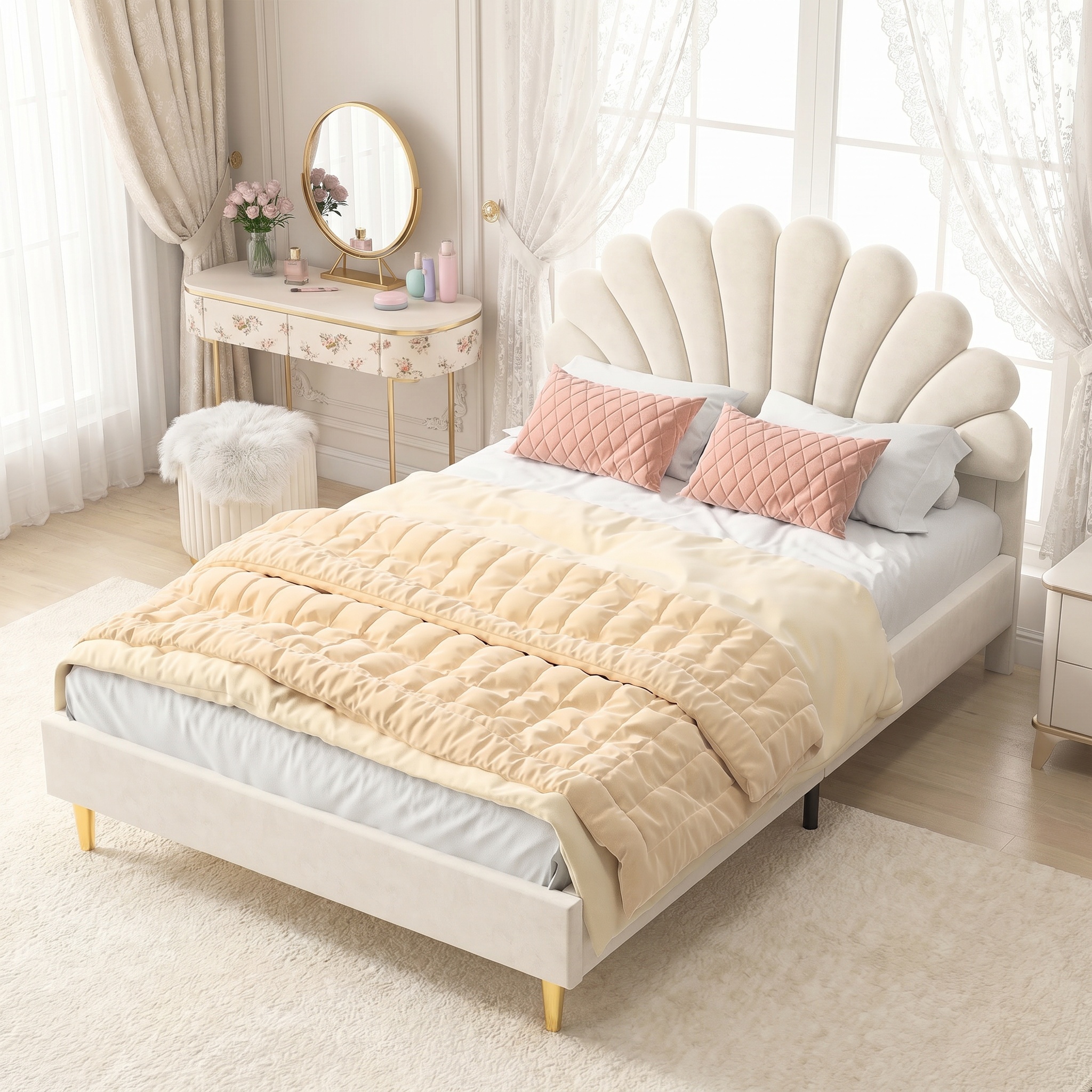 Afbeelding van Beige fluweel bedframe met bloemhoofdeinde 140x200 cm
