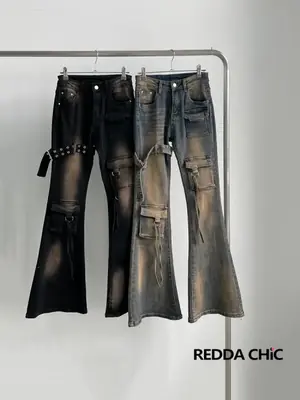 Image de Jean cargo évasé femme Y2K vintage effet usé ceinture incluse
