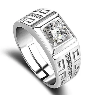 Image de Bague Homme Argent Sterling 925 - Cristal Brillant & Taille Réglable