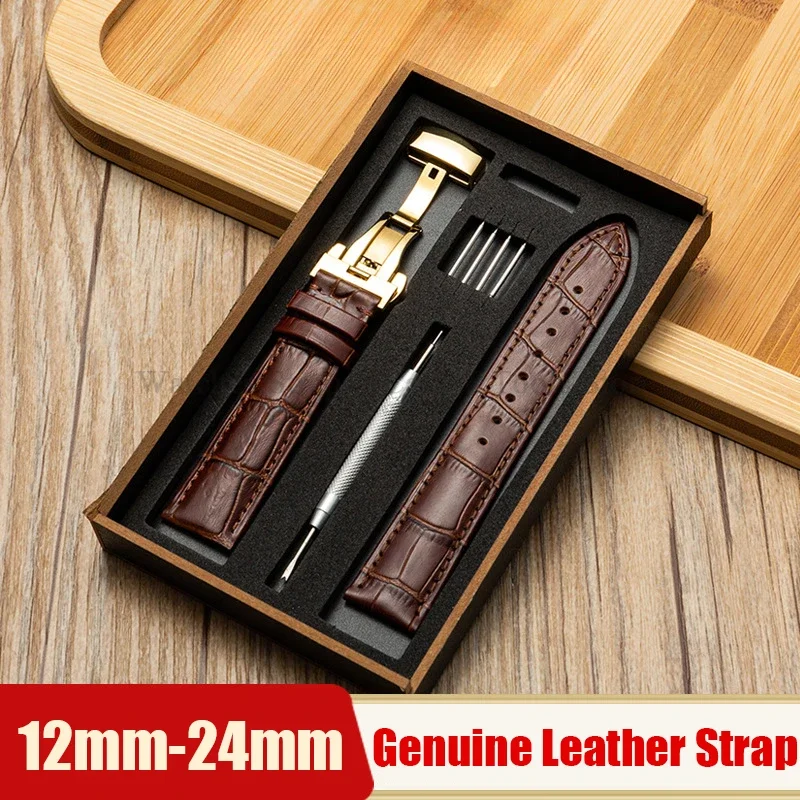 Image of Premium Genuine Leather Watch Strap in Multiple Sizes (12-24mm) with Butterfly Clasp – Universal Fit for Men and Women