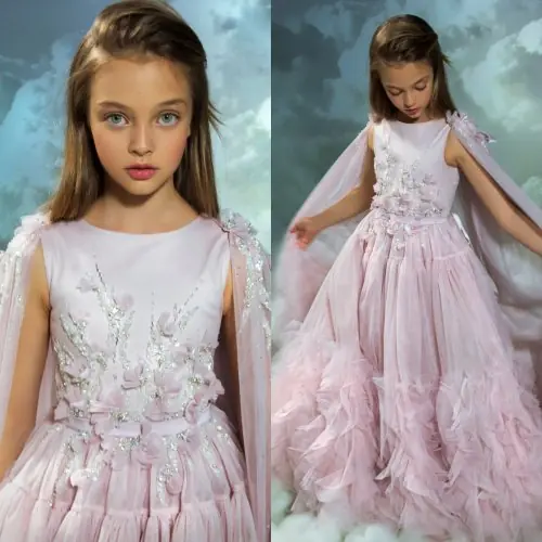Image de Robe Princesse Rose Blush avec Cape Florale pour Fille