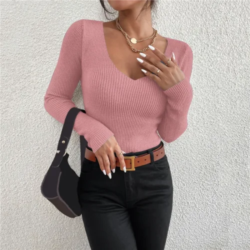 Afbeelding van 2025 Herfst Winter Vrouwen Solid Rib Gebreide V-hals Streep Pull Trui Femme Y2k Lange Mouw Trui Jersey Tops Mode Kleding